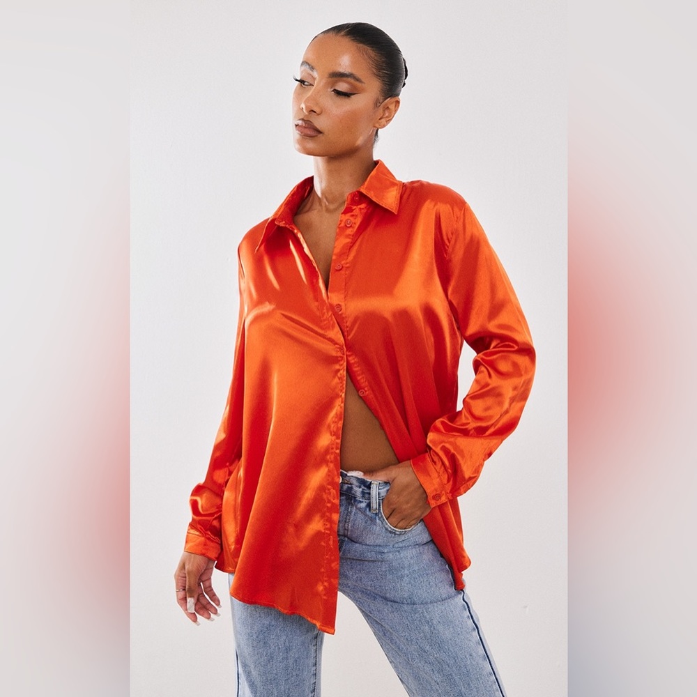 Orange Satin Button Front Shirt